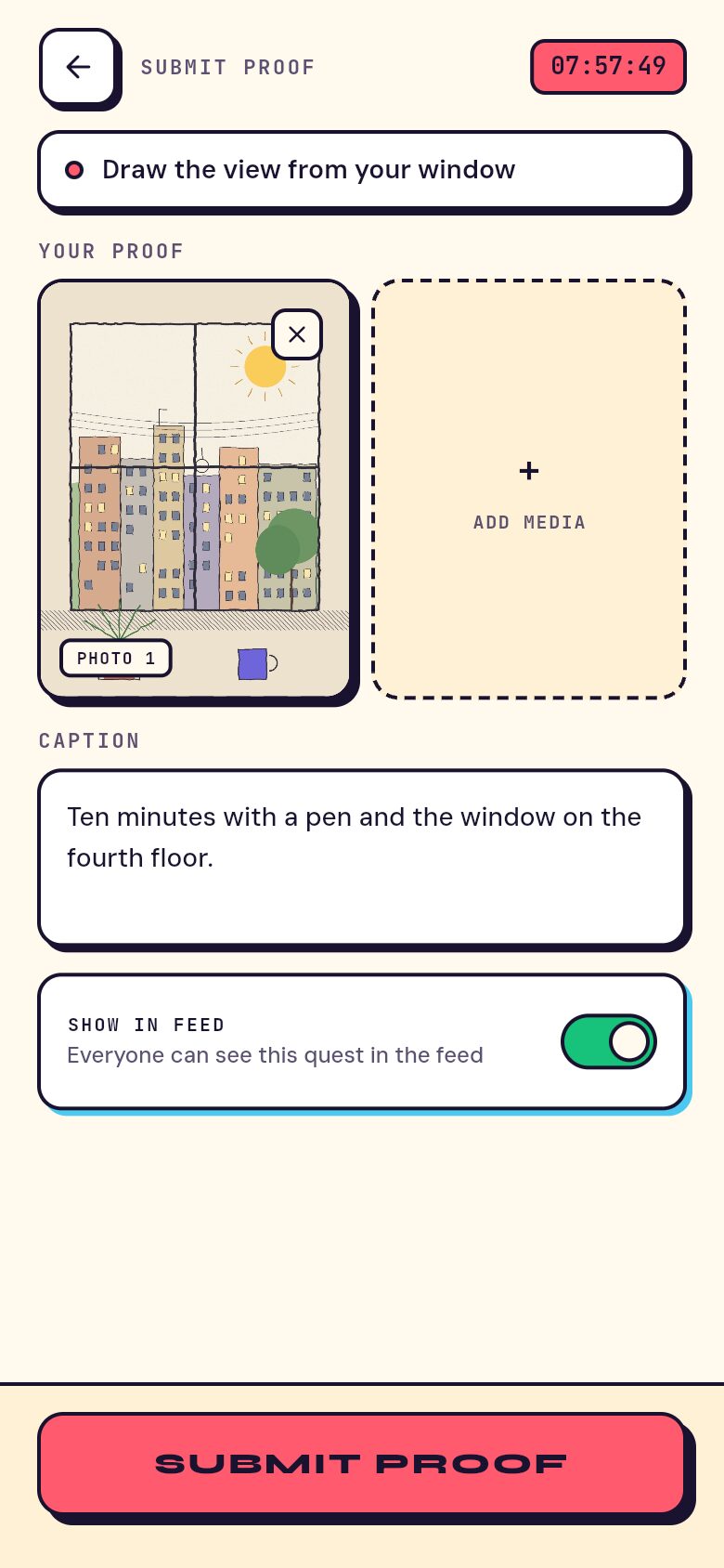 Submitting proof for a drawing quest: one image attached, a caption, and a toggle to show it in the feed.