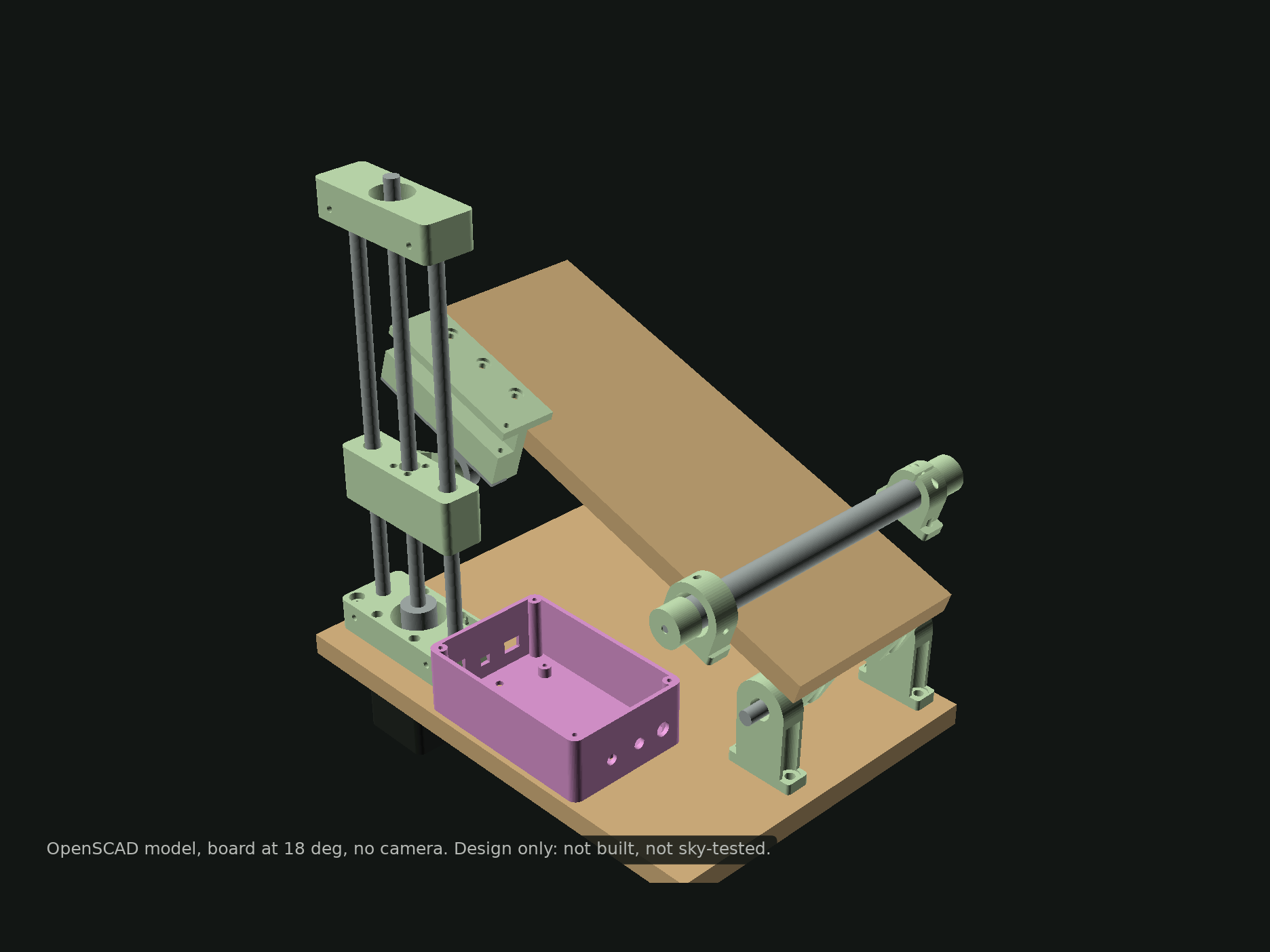 CAD render of the unbuilt tracker: two hinged boards, a vertical lead-screw tower with a carriage, an electronics box and a sight tube along the hinge.