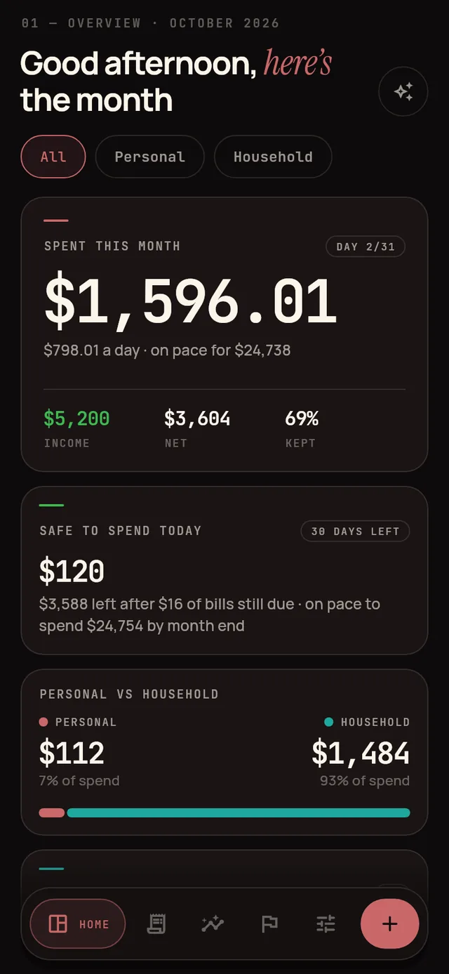 Juno’s home screen on iPhone with demo data: the month’s spending, safe to spend today, and personal versus household spending.