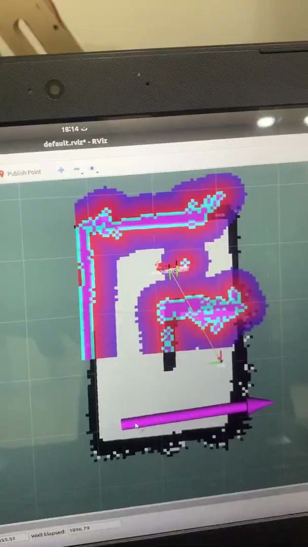 RViz with a 2D occupancy grid, an inflated obstacle costmap, the robot’s pose, and a navigation goal arrow.