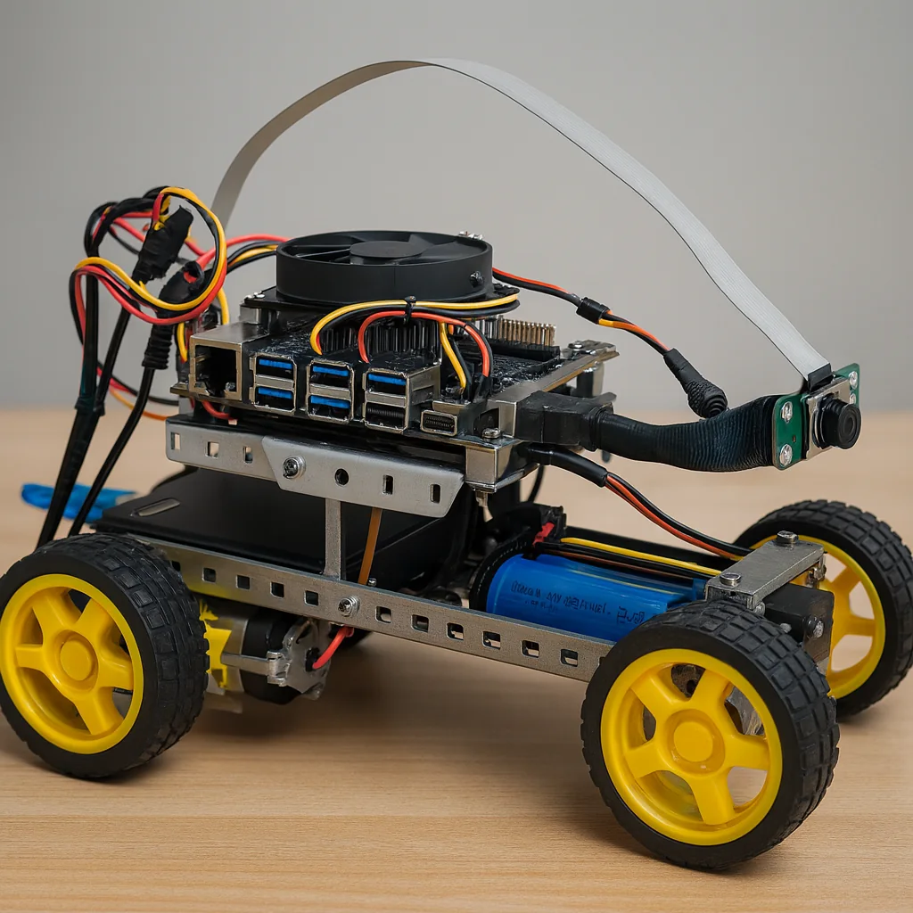 The Brainiacs vehicle running an obstacle-course lap during a WRO Future Engineers demonstration.