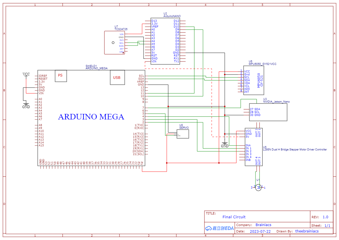 Full electrical schematic of the vehicle, including Jetson Nano, Arduino Mega, motor driver, IMU, and color sensor.