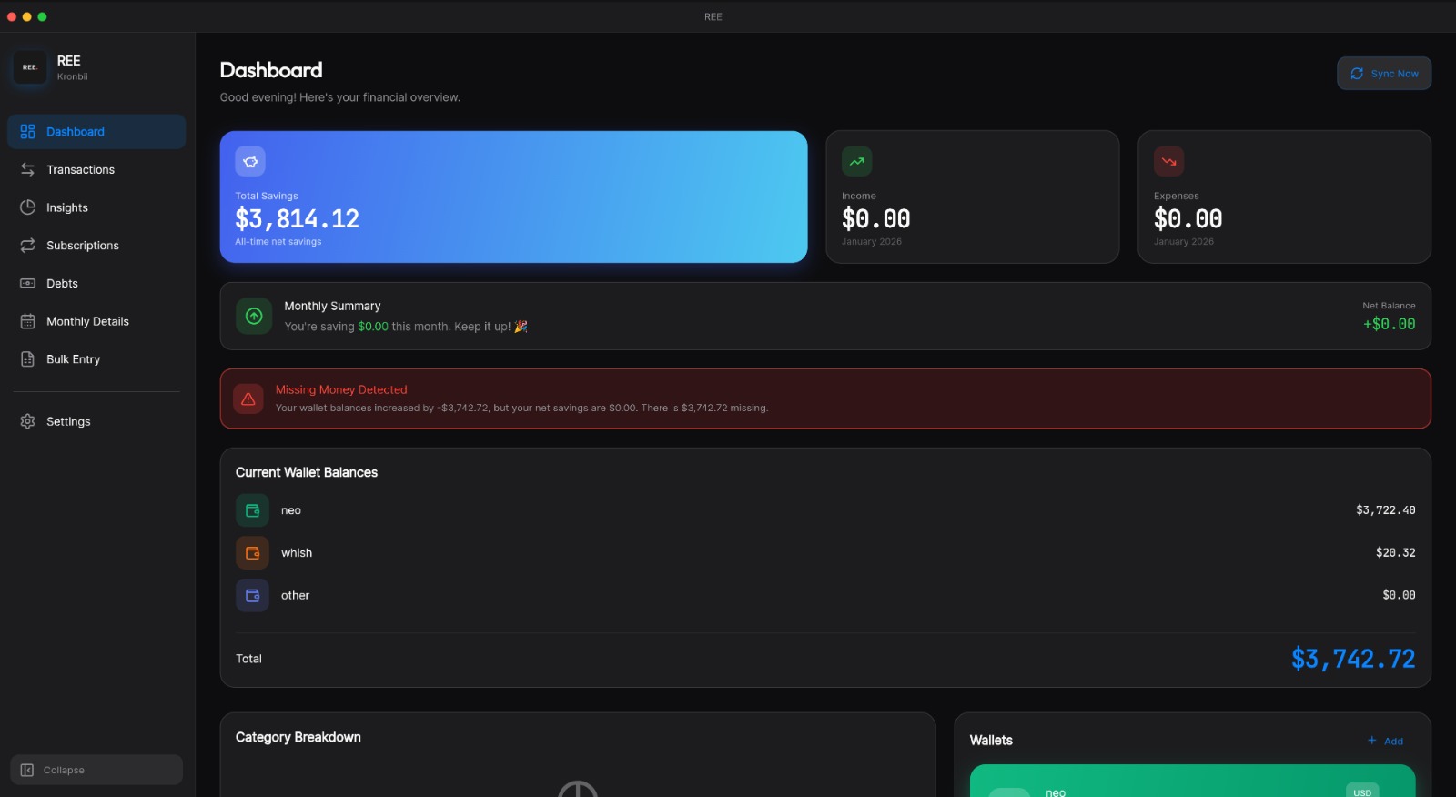 Screenshot of REE showing the desktop finance interface with wallets, transactions, and analysis views.