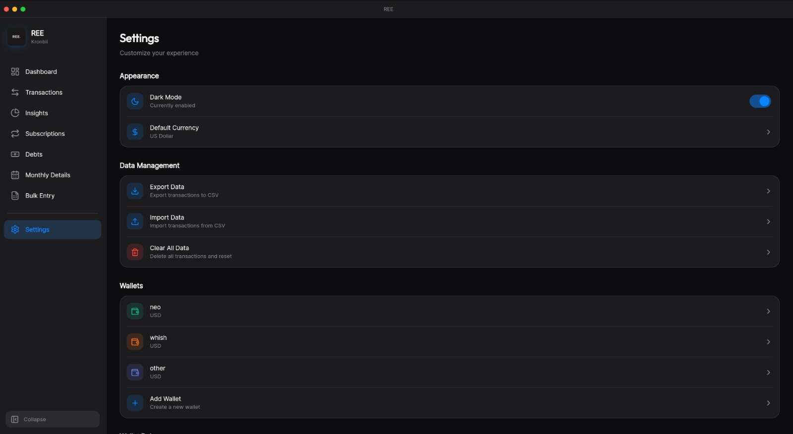 REE desktop screenshot showing subscriptions and debts views.