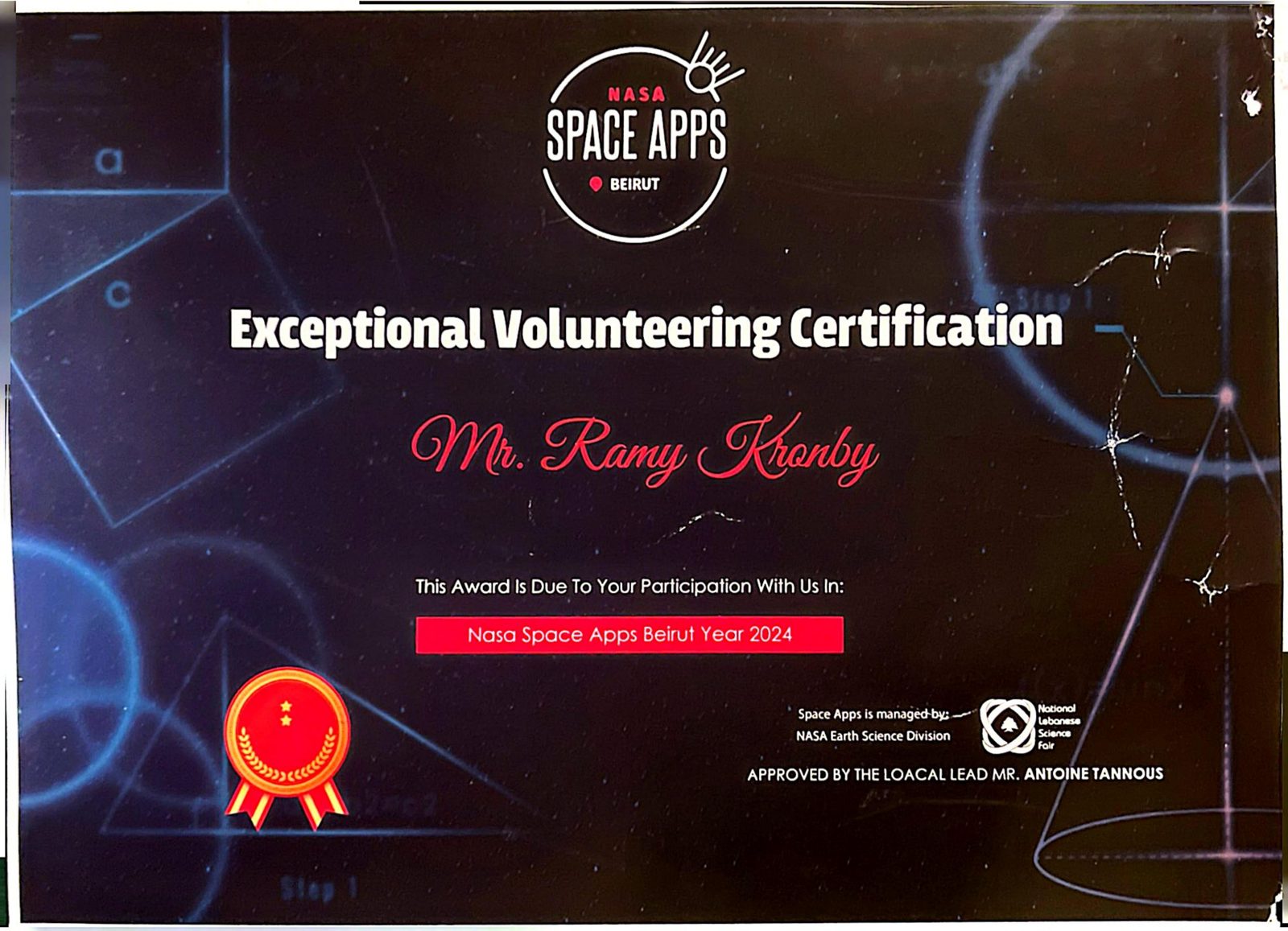 NASA Space Apps Beirut Exceptional Volunteering Certification awarded to Rami Kronbi for the 2024 edition.