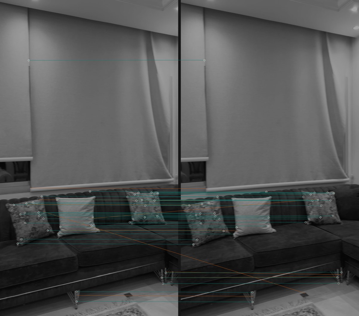 A pair of adjacent frames with ORB feature matches drawn between them.