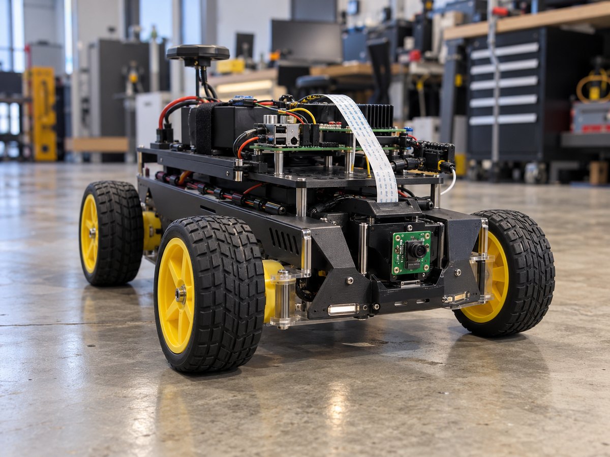 Front view of the Brainiacs vehicle showing camera, chassis, and drive wheels.